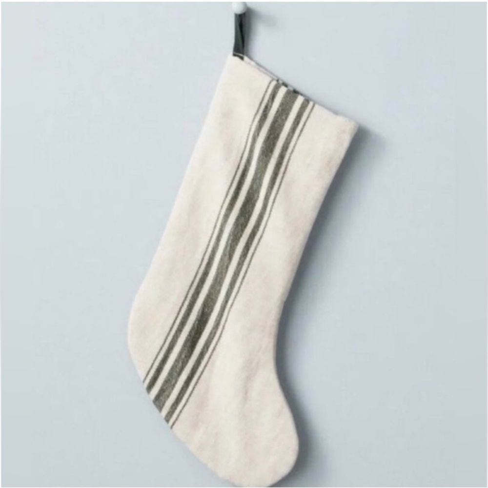 Hearth & Hand Linen Blend Magnolia Beige and Green Striped Christmas Stocking
